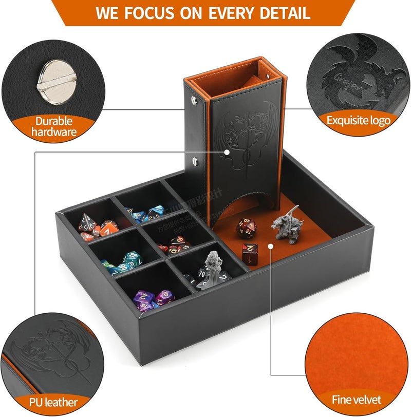 Grajar DND Dice Tray and Dice Tower with Storage, 3 in 1 Dice Rolling Tray with Lid, Portable Dice Box Storage, DND dice Holder for D&D RPG MTG Table Games - Brown - Image 5